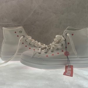 white platform converse with red embroidered hearts- size 9